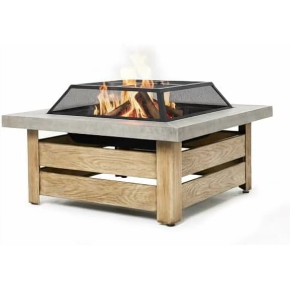 Firepits for OutsideWood Burning Fire Pit with Wood-Grain Side Panels,Firepit for Outside with Mesh Cover & Fire Poker,Square Modern Outdoor Fireplace Fire Table. (Countryside)$$Garden & Patio