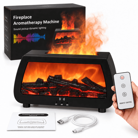 Fireplace Humidifier, 200mL Essential Oil Diffuser with Flame Effect, Remote Control, 4 Light Modes with Sound-Reactive Effects and 7-Color Lighting, 2/4/6H Timer, Low-Water Auto Shutoff, Black