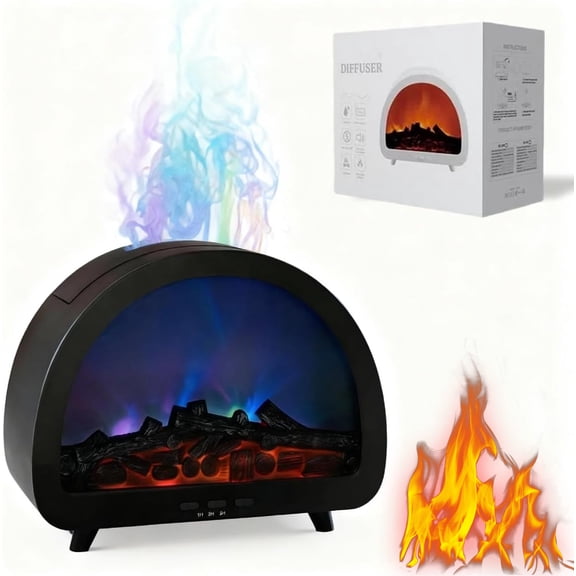Fireplace Aromatherapy Humidifier with RGB Aurora & Flame Effects, 200ml Portable Desk Humidifier with Remote Control, Timer, 12 Lighting Modes for Home, Office, Bedroom, Yoga, Plants (Black)