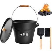 Fireplace Ash Bucket with Lid Shovel and Hand Broom, 1.5 Gallon Charcoal Wood Fire Pits Burning Stoves, Coal Pellet Metal Buckets, Hot Wood Carrier Pail Fire Pi