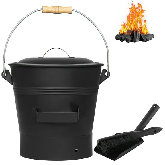 2.6 Gallon Fireplace Ash Bucket with Lid Shovel, Hand Broom, Charcoal Wood Fire Pits Burning Stoves, Coal Pellet Metal Buckets, Hot Wood Carrier Pail Fire Pits Ash Can Cleaning Tools