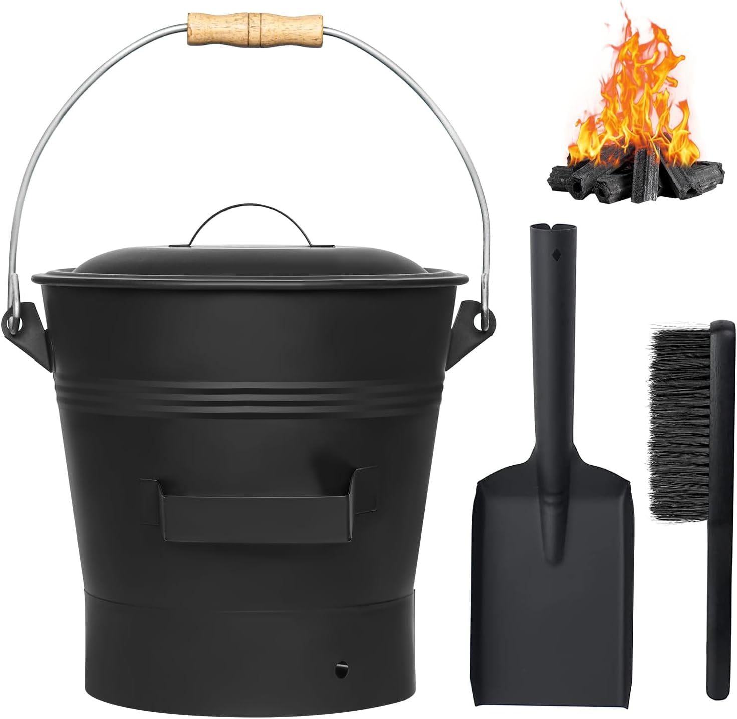 Fireplace Ash Bucket with Lid Shovel, Hand Broom and Gloves, 2.6 Gallon