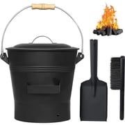 Fireplace Ash Bucket with Lid Shovel, Hand Broom 2.6 Gallon Charcoal Wood Fire Pits Burning Stoves, Coal/Large Pellet Metal Buckets/Hot Wood Carrier Pail Fire P
