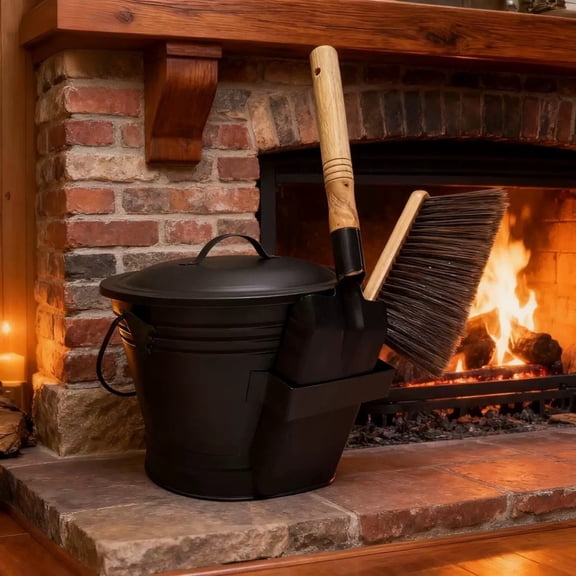 Fireplace Ash Bucket Set Ecohintz Metal Ash Bucket with Tools - 2-Gallon Fireplace Bucket with Lid, Includes Shovel, Brush & Heat-Resistant Gloves, All-In-One Cleanup for Wood Stove, Grill & Campfire
