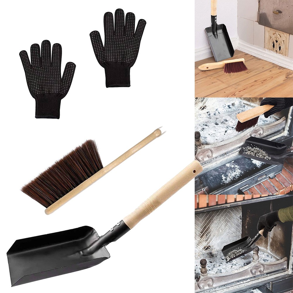 Fireplace Ash Shovel and Brush Set with Nylon Gloves Home Fireplaces
