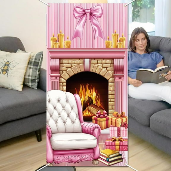 Fireplace Background Photo Door Banner Burning Fireplace Theme Large Fabric Photo Door Backdrop Props Decor Frame Photo Backdrop Party Supplies for Party Favors Decor 70.8x35.4 Inch Colorful