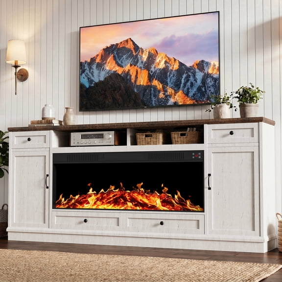 Time Ray Fireplace TV Stand for TVs Up to 85", Electric Fireplace with Media Console with Storage, Adjustable Shelves & Sliding Barn Doors,White