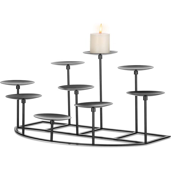 Fireplace Candle Holder 9 Candelabra - for Pillar Candles Black Stand Iron Table Centrepiece Mantle Floor Decor Christmas Advent Decoration