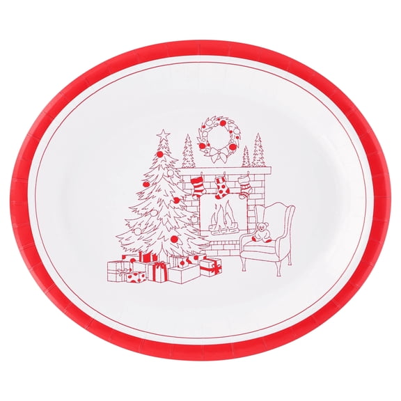 Fireplace Christmas Oval Disposable Paper Plates, Red and White, 12" x 10", 40 Count, by Holiday Time