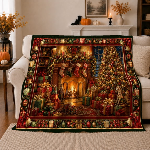 Fireplace Christmas Tree Scene Gifts Nostalgic Classic Painting, Festive Holiday Scene, Warm Flannel Blanket for Ranch House and Living Room, Animal Lovers Christmas Gift, Festive Home Decor