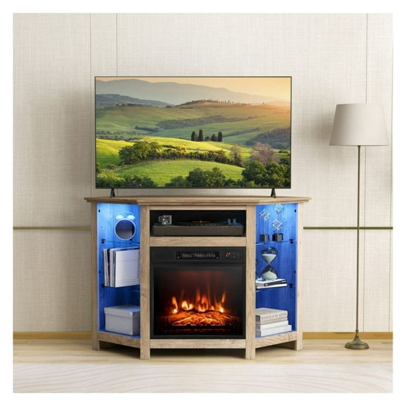 Fireplace Corner TV Stand with LED Lights, 50 Inch TV, Smart APP Control, Electric Fireplace, Adjustable Shelves, Rustic Brown/Gray/Black