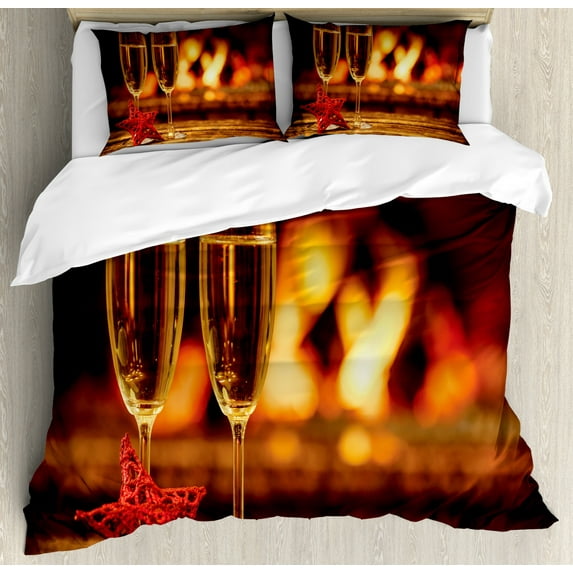 Fireplace Duvet Cover Set King Size, Cozy Romantic Photo with Champagne Glasses on Blurred Log Fire Backdrop, Decorative 3 Piece Bedding Set with 2 Pillow Shams, Vermilion and Ginger, by Ambesonne