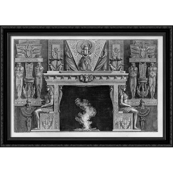 Fireplace Egyptian style, the sides two seated figures in profile, facing outwards 40x28 Large Black Ornate Wood Framed Canvas Art by Giovanni Battista Piranesi