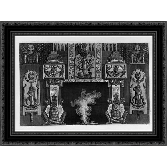 Fireplace Egyptian style: three seated figures on each side 24x20 Black Ornate Wood Framed Canvas Art by Piranesi, Giovanni Battista
