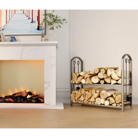 Fireplace Firewood Log Rack 5-Piece Storage Logs Holder with Tools Set with 4 Tools Set Fireside Holders Wood Lumber Storage Stacking Black