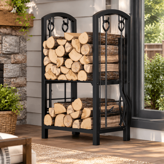 Log Ladder Rack Fireplace Firewood Log Rack 5-Piece Storage Logs Holder with Tools Set ...