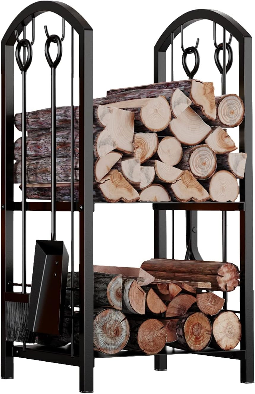 Fireplace Firewood Log Rack 5-Piece Storage Logs Holder with Tools Set ...