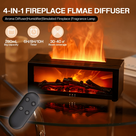 Fireplace Flame Diffuser  9.47oz Cool Mist Humidifier  USB Aroma Diffuser  Remote  Timer  7 Colors  Essential Oils  Gift for Home  Office  Mother‘s Day  Birthday