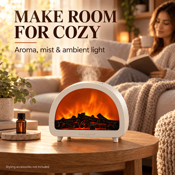 Fireplace Flame Humidifier with Colorful Night Light, 200 mL Desktop Mist Humidifier and Aroma Diffuser for Bedroom, Office and Desk