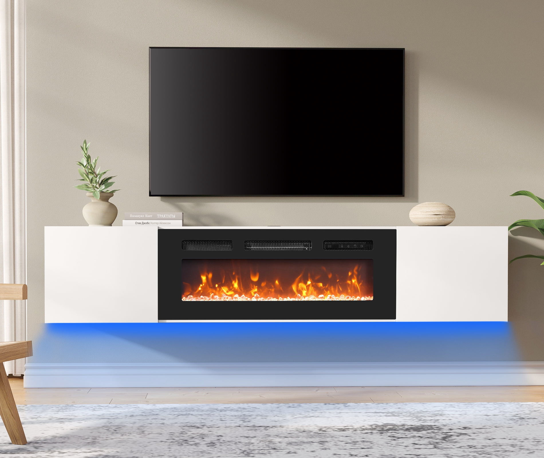 Fireplace Floating TV Stand with Side Storage and Blue Light for TVs up to 80inch