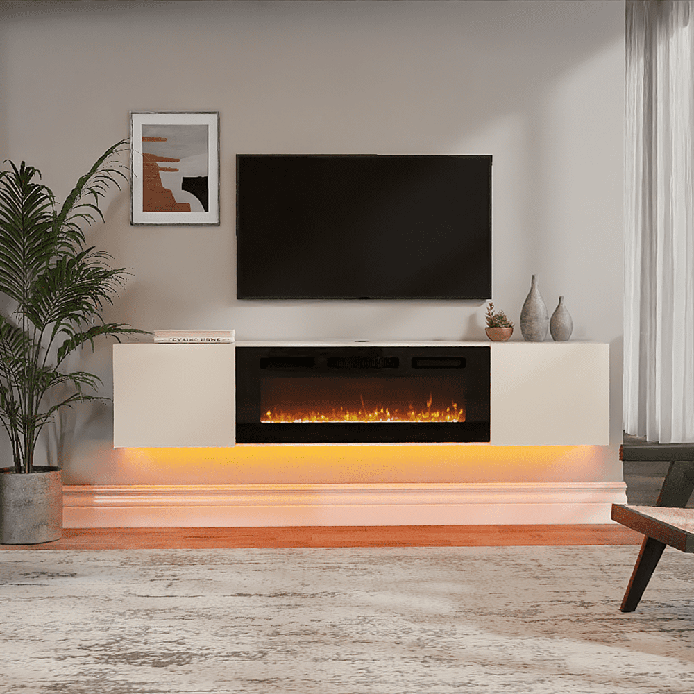 Fireplace Floating TV Stand with Side Storage and Yellow Light for TVs up to 80inch