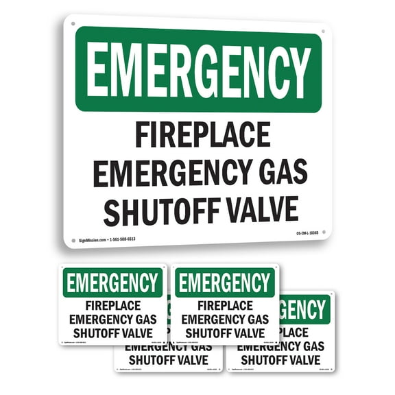 Fireplace Gas Shutoff Valve OSHA Emergency Rigid Plastic Sign 14 Inch x 10 Inch - 5 Pack