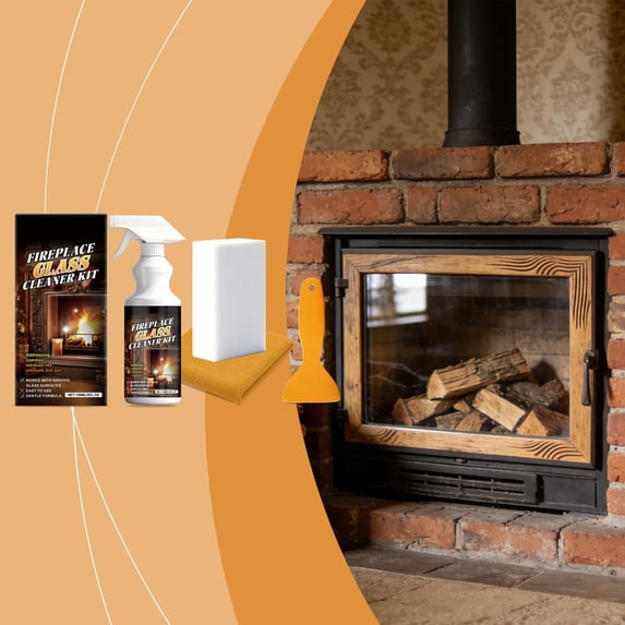 Fireplace Glass Cleaning Kit 150ml,Powerful Tar Carbon Stain Remover Safe Non-Toxic Tools Included Scraper Brush Cloth Quick Efficient Cleaning Restores Clear Glass,Wood Pellet Gas Fireplaces-A