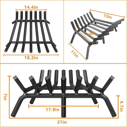 Fireplace Grate 21 inch Solid Steel Heavy Duty Fireplace Log Grates 3/4" Bar Grates Outdoor/Indoor Wrought Iron Burning Rack Holder