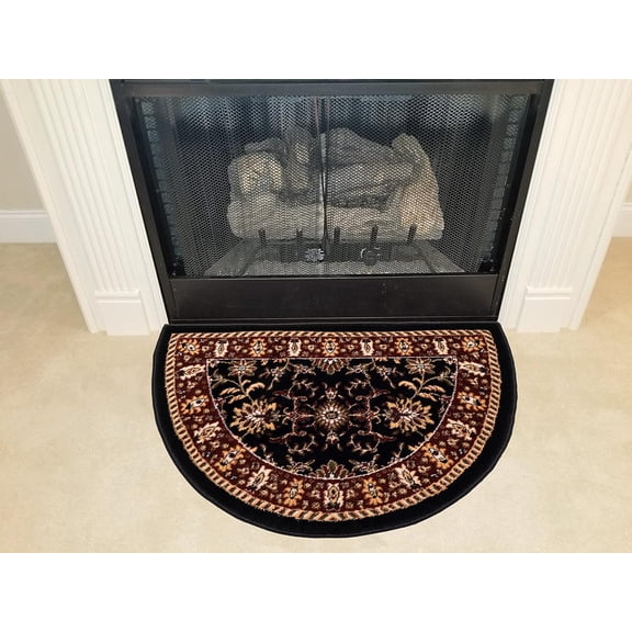 Fireplace Hearth Rug, Low Profile, Black, Half Circle, Fire Heat Resistant Mat, Half Moon Shape, Kitchen Rug, Cabin Cottage Lodge, Traditional Design (2'2"x 3'3")