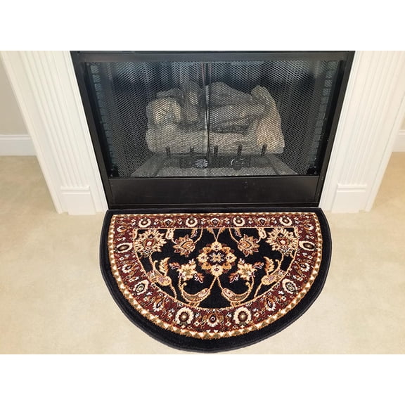Fireplace Hearth Rug, Low Profile, Black, Half Circle, Fire Heat Resistant Mat, Half Moon Shape, Kitchen Rug, Cabin Cottage Lodge, Traditional Design (2'2"x 3'3")