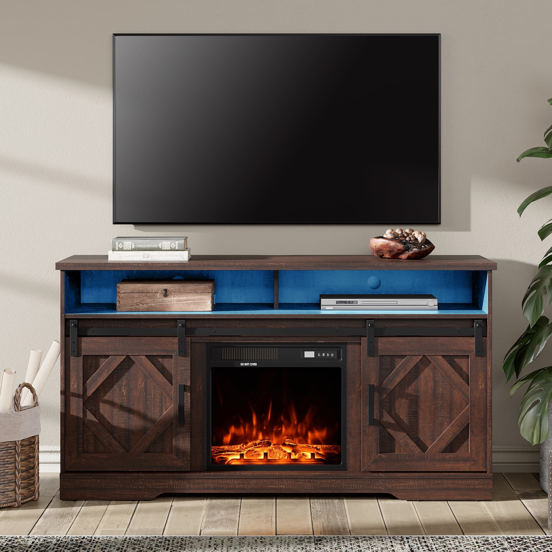 Fireplace LED TV Stand for TVs Up to 65 Inch, Farmhouse Wood Electric  Fireplace TV Console, Entertainment Center with Storage, Sliding Barn Door,  2 Heating Mode, 5 Brightness for Living Room, Brown - Walmart.com