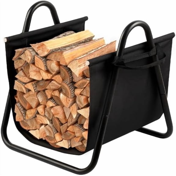 Fireplace Log Holder with Canvas Firewood Rack Indoor Tote Carrier Metal Wood Rack Black Firewood Holders Storage Heavy Duty Logs Stacker Basket with Handles Kindling