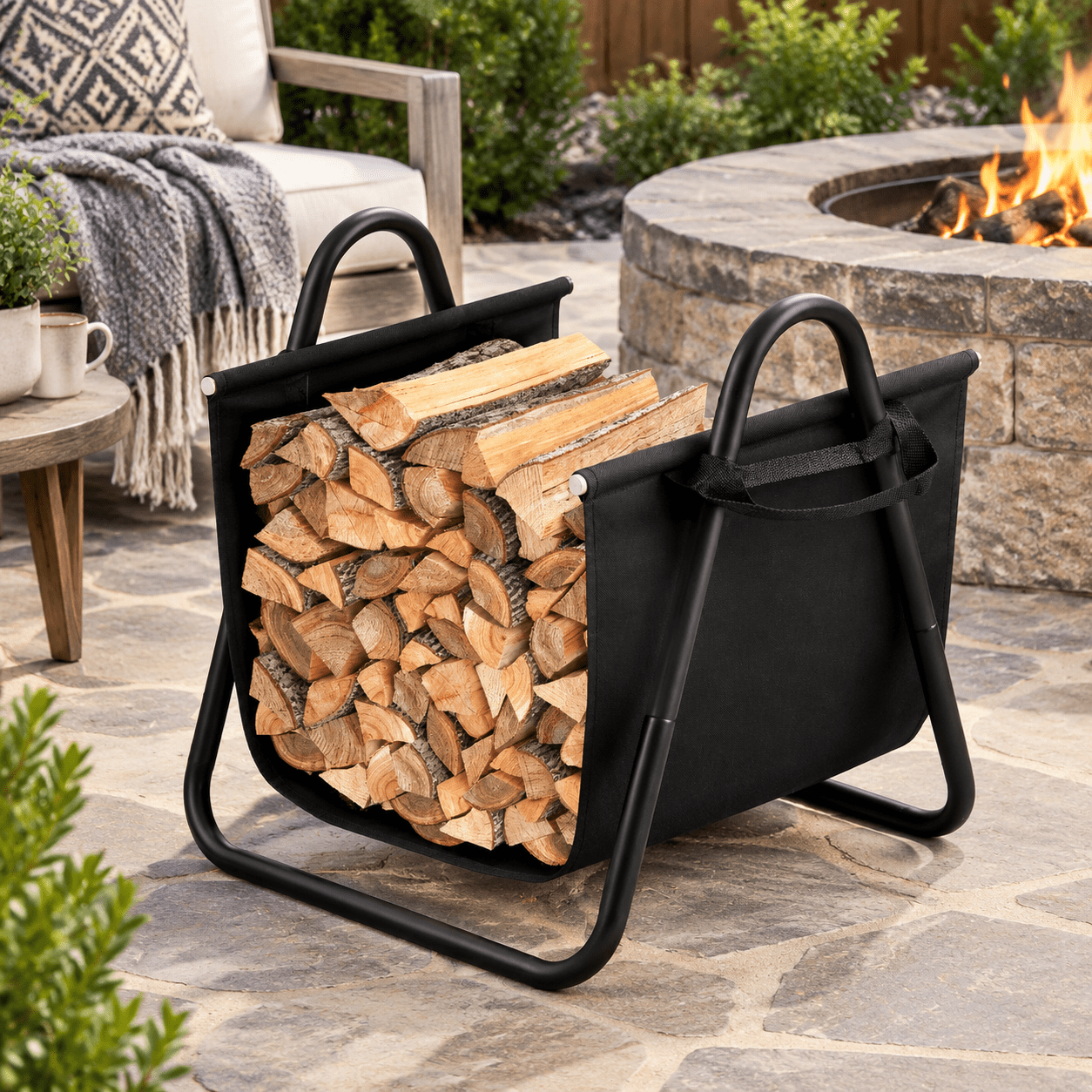Fireplace Log Holder With Canvas Firewood Rack Indoor Tote Carrier ...