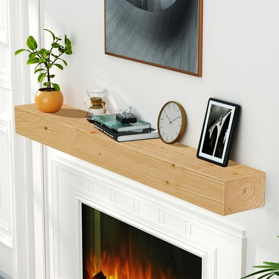 Fireplace Mantel,60" Wood Floating Fireplace Shelves,Wall Mounted Wooden Display Shelving,Handcrafted Wood Brack,Natural Mantels Over Fireplace,60" x 8" x 5"-Clear Varnished Natural Wood