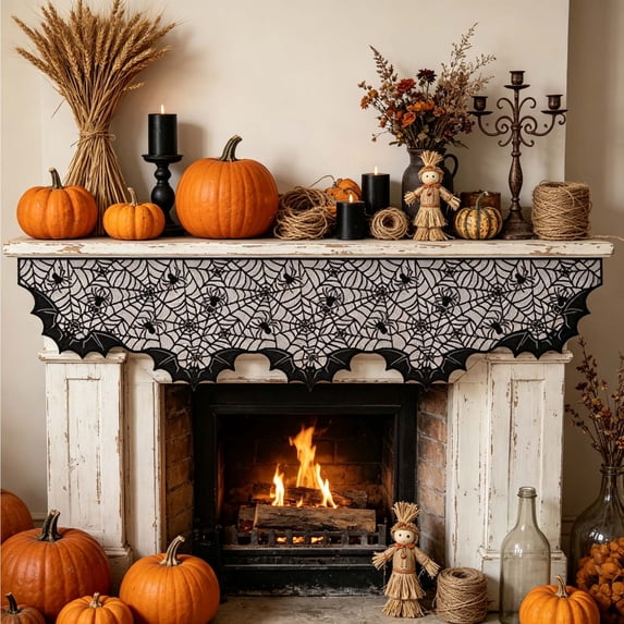 Fireplace Mantel Cloth, European Web Brocade 78 Inch, Spacious Cover Conceals Worn Ledges for Holiday Decor
