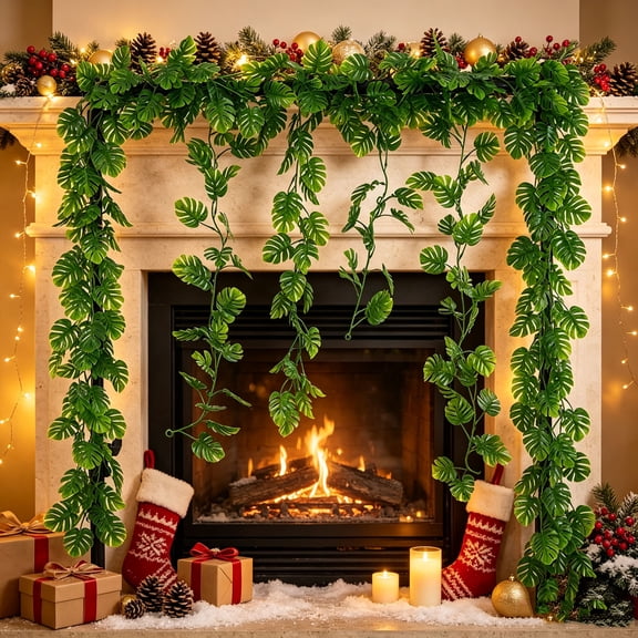 Fireplace Mantel Decor,Christmas Garland,Christmas Monstera Garland,Artificial Tropical Hanging Faux Vine Flexible Ornament for Fireplace Mantel Wall Indoor Holiday(Green C - 2CT 70.87*5.91in)