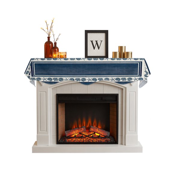 Fireplace Mantel Scarf,Beach Shell Starfish Coral Conch Mantle Cover Runner Navy Blue Border Fireplace Shelf Top Runner for Home Living Room Holiday Party Decor,60x17in