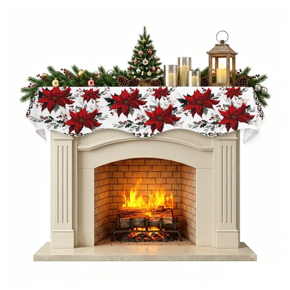 Fireplace Mantel Scarf,Christmas Poinsettia Flower Mantle Cover Runner Winter Floral Red Border Fireplace Shelf Top Runner for Home Living Room Holiday Party Decor,90x17in