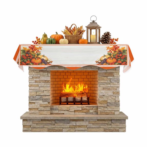 Fireplace Mantel Scarf,Fall Thanksgiving Watercolor Pumpkin Grapes Mantle Cover Runner Farm Harvest Orange Border Fireplace Shelf Top Runner for Home Living Room Holiday Party Decor,60x17in