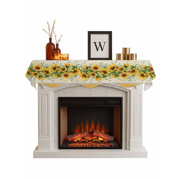 Fireplace Mantel Scarf,Farmhouse Sunflower Green Leaves Mantle Cover Runner Vintage Yellow Border Fireplace Shelf Top Runner for Home Living Room Holiday Party Decor,60x17in