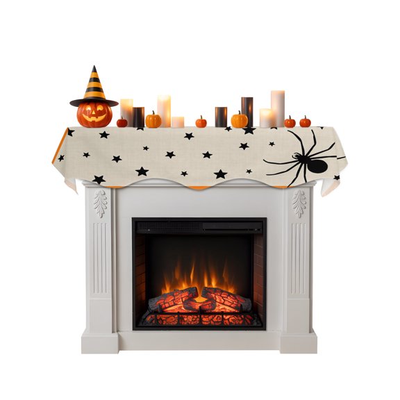 Fireplace Mantel Scarf,Halloween Spiders- Stars Black Shadow Mantle Cover Runner Orange Border Cartoon Fireplace Shelf Top Runner for Home Living Room Holiday Party Decor,60x17in