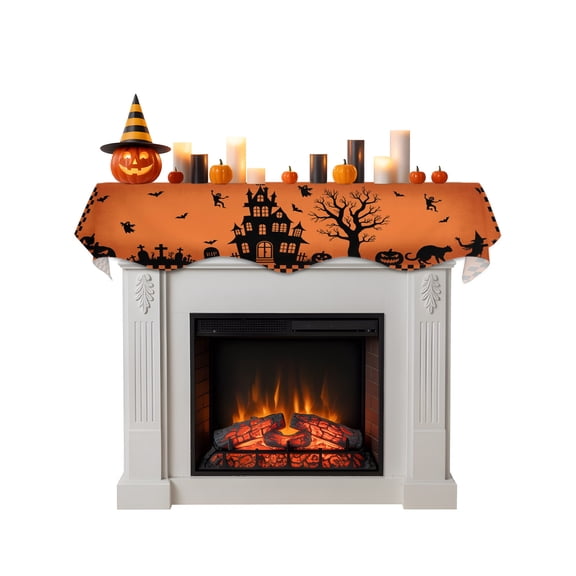 Fireplace Mantel Scarf,Haunted House Halloween Dead Trees Ghost Bat Mantle Cover Runner Black Shadow Scary Orange Fireplace Shelf Top Runner for Home Living Room Holiday Party Decor,60x17in