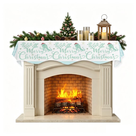 Fireplace Mantel Scarf,Merry Christmas Santa Octopus Starfish Coral Mantle Cover Runner Aqua Stripe Border Fireplace Shelf Top Runner for Home Living Room Holiday Party Decor,60x17in