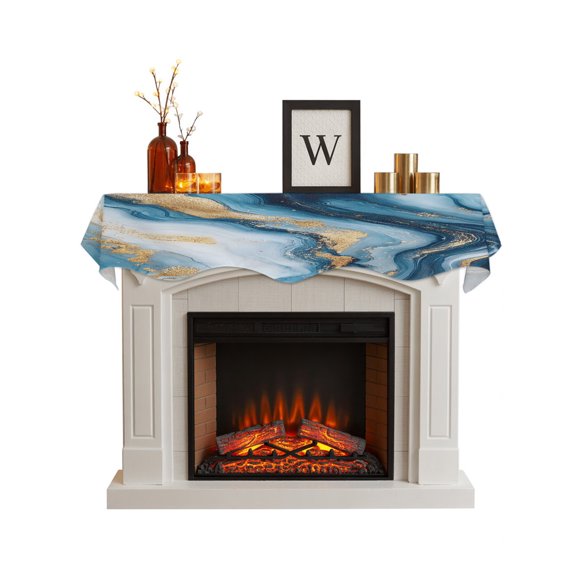 Fireplace Mantel Scarf,Natural Marble Blue Gold Stripe Mantle Cover Runner Abstract Stone Texture Ombre Fireplace Shelf Top Runner for Home Living Room Holiday Party Decor,60x17in