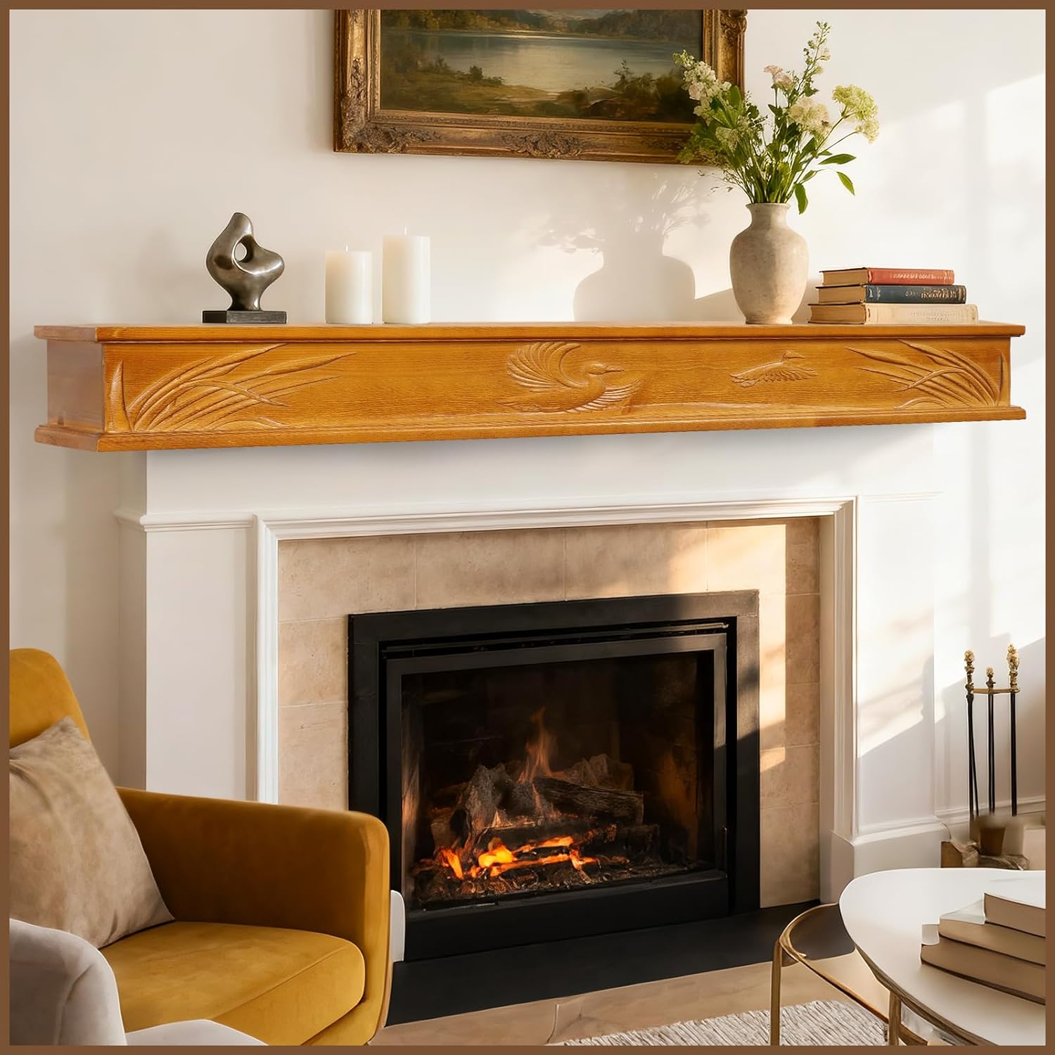 Fireplace Mantel Shelf, 60 Inch Hand-Carved Rustic Wood Mantle, Ornate