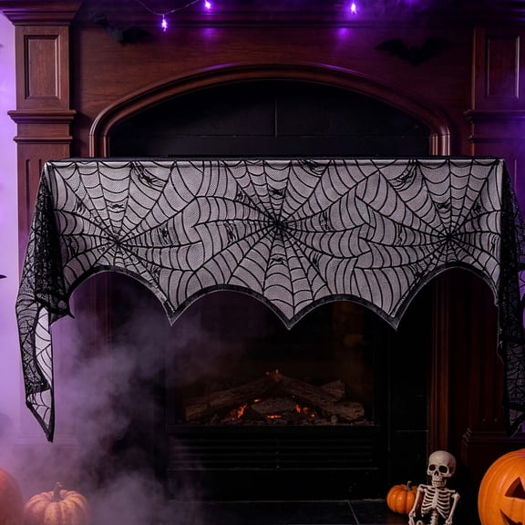 Fireplace Mantle Runner Spiderweb Lace Mantel Scarf with Scalloped Edge Black Lace Topper for Halloween Party Window Door Buffet Cabinet Indoor Spooky Home Decoration