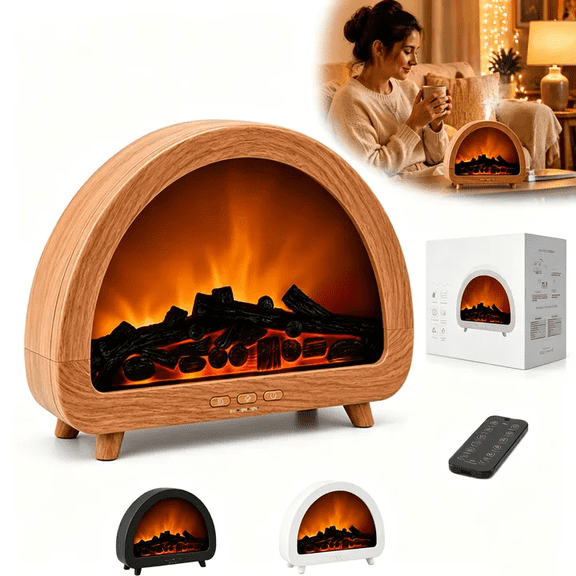 Fireplace Oil Diffuser, Essential Oil Diffuser, Aromatherapy Diffuser, 200ml Ultrasonic Cool Mist Humidifier with Flame Effect, Remote Control and Timer for Home Office