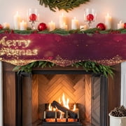 Fireplace Scarf 70x17in, Shining Merry Christmas Quote Mantel Scarf Mantel Scarves Cover, Burgundy Red Back Fireplace Decoration Mantle Cover for Holiday Party Home Decor