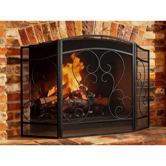 Fireplace Screen 3 Panel 48″ W x 29″ H Heavy Duty Wrought Iron Decorative Fire Spark Guard Gate Cover with Full Hinges for Living Room Home Decor, Black
