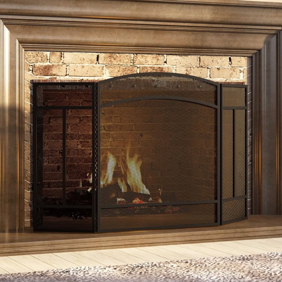 Fireplace Screen 3 Panel Wrought Iron 48"(L) x 29"(H) Spark Guard Cover(Sanded Black)